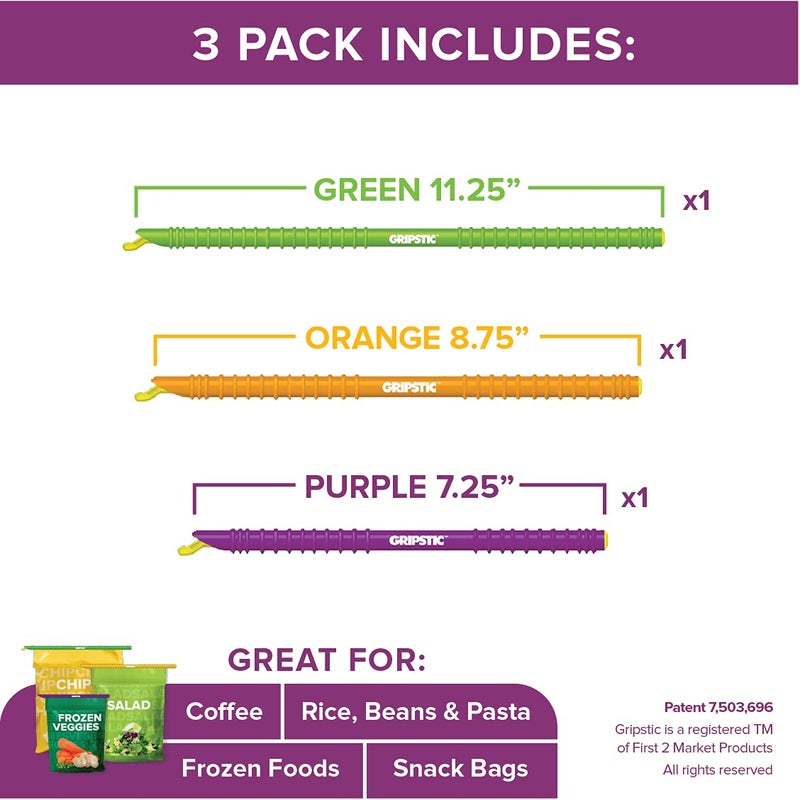 GRIPSTIC Bag Sealer - The Word's Best Reusable Chip Clips, Bag Clips. Patented. Airtight & Waterproof Seal on Food Storage Bags, Kids Snacks & More. Near Zero Waste. 3ct Variety Pack - Image 3
